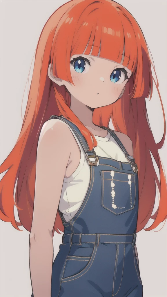 girl wearing a orange sundress, tight, simple anime style
Woman. Flower drawing on sequin overalls. Glossy white lips with sequins. Blunt bangs, red hair, long hair, blue eyes, solo,