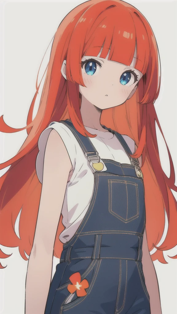 girl wearing a orange sundress, tight, simple anime style
Woman. Flower drawing on sequin overalls. Glossy white lips with sequins. Blunt bangs, red hair, long hair, blue eyes, solo,