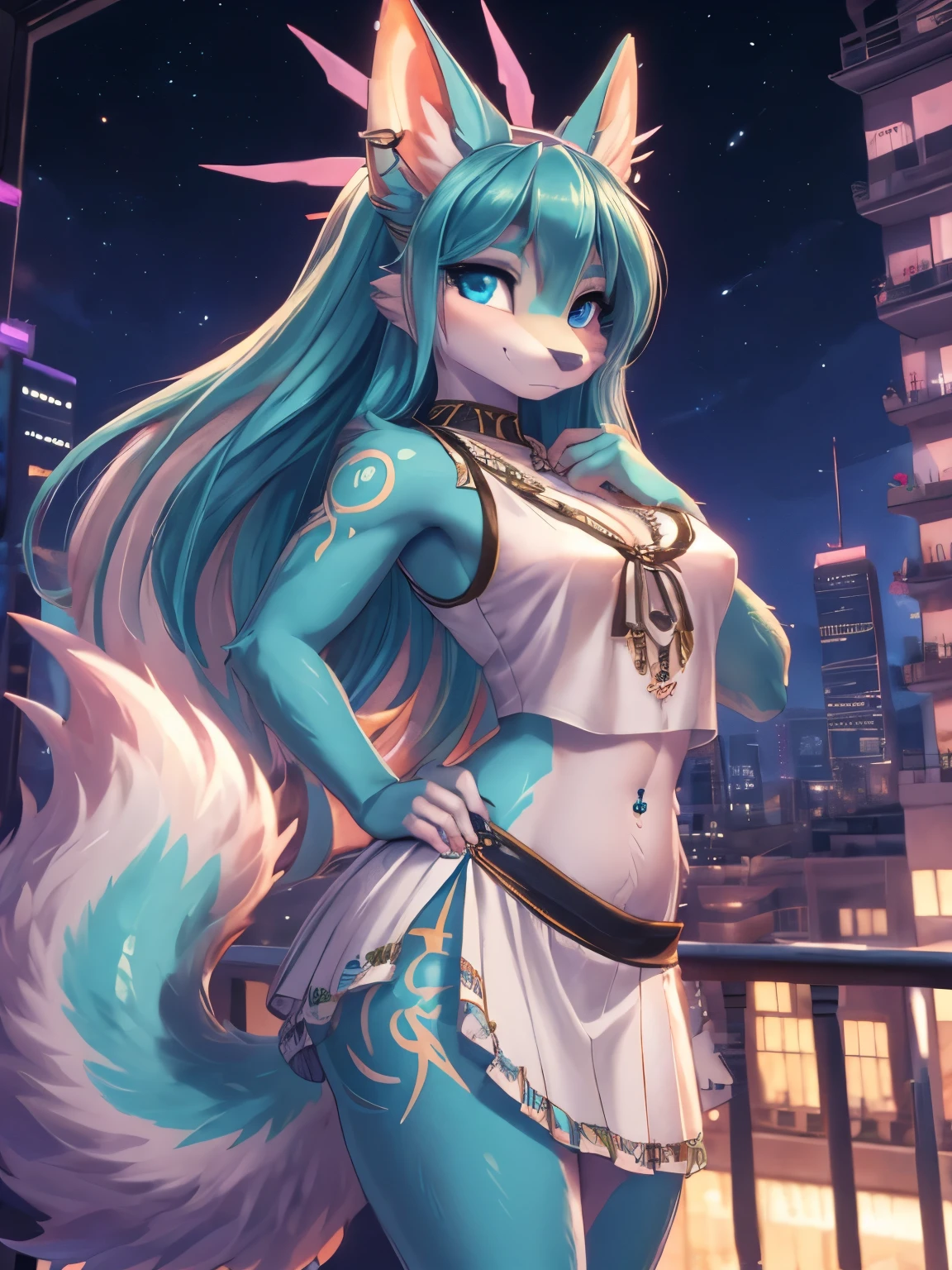 Chica anime,tennage girl 18 years old, anime style, cute hatsune miku x suicune, Chica tímida , Orejas de Kitsune, arte de dark natasha, city landscape, arte de vixen aztra, cuerpo completo, patas hermosas, cintura delgada, caderas amplias, navel white blouse, white&pink skirt, navel piercing, ear piercing, navel tattoo, atrevid pose, back pose, fluffly tail, sensual eyes (la mejor definicion) long hair, black flash, city party, city night life, party girl, idol girl, atrevid girl,deep blue eyes (HD), white&pink dress, super mega star idol, aura pura, silueta de luz, silueta radiante de luz dorada, su cuerpo brilla, mejor iluminacion en fotografía, mermaid mini skirt, sensual pose, tribal body tatoo, doggy stylepose, back pose, pov 