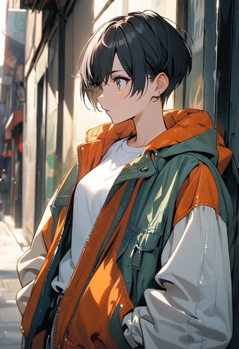 black hair, white shirt, jacket, 1girl, short hair, boyish, stylish, bright