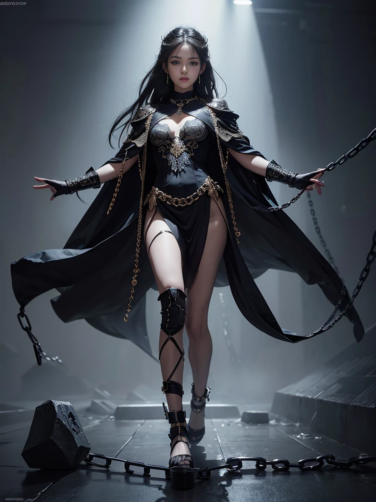 Skinny girl, Chains around my feet, Very beautiful, Dynamic pose, 1 Girl, Detailed face, Fine grain, Detailed lips, Detailed faceの特徴, Complex chains, Metal Chain, Intricate details, Sulky, Chiaroscuro, High Contrast, Digital Art, Concept Art, 8K, Highest quality, masterpiece, There are a lot of chains on my feet