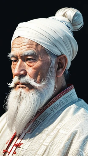 Oriental、An elderly man in plain white ancient Chinese costume、Ancient Chinese hairstyle old man、Highest quality、masterpiece、Ultra-high resolution、(Realistic:1.4)、Game Poster、Crisp and beautiful image quality、White Hair、white and long beard,、Embroidered cloth wrapped around a topknot、