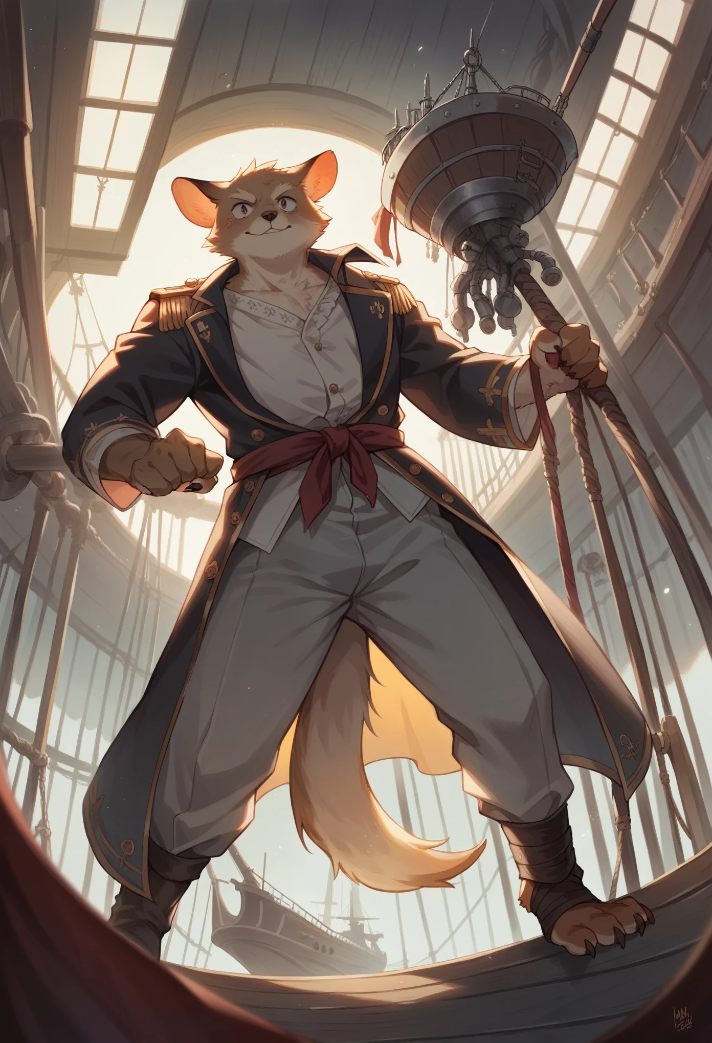 top quality, best quality, High-quality illustrations, masterpiece, super high resolution, detailed background, Hospitals with power outages, Spooky creatures, Pirate Ship, a pirate, boy, girl, absurdres(highly detailed beautiful face and eyes)perfect anatomy, expression, good lighting, cinematic shadow(kemono, furry anthro),