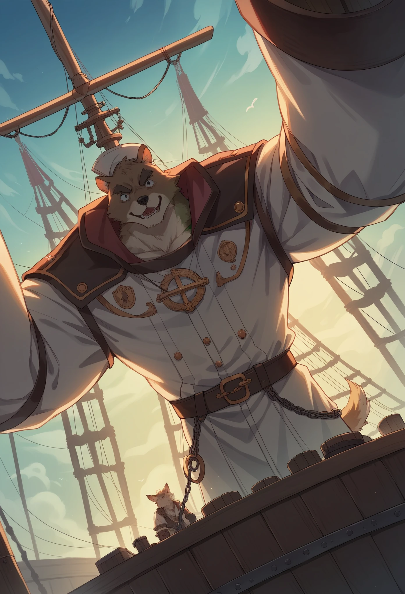 top quality, best quality, High-quality illustrations, masterpiece, super high resolution, detailed background, Hospitals with power outages, Spooky creatures, Pirate Ship, a pirate, boy, girl, absurdres(highly detailed beautiful face and eyes)perfect anatomy, expression, good lighting, cinematic shadow(kemono, furry anthro),