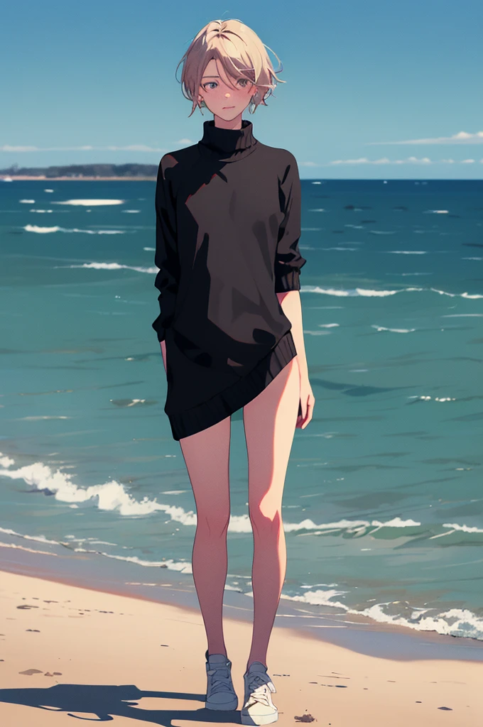 (masterpiece:1.3),(best quality:1.2),(absurdres:1.1), (full body:1.1), black hair, large sweater, no pants,
mgk_akane, covered ears,looking at viewer,
(highly detailed face and eyes:1.1),standing at the beach, simple background,