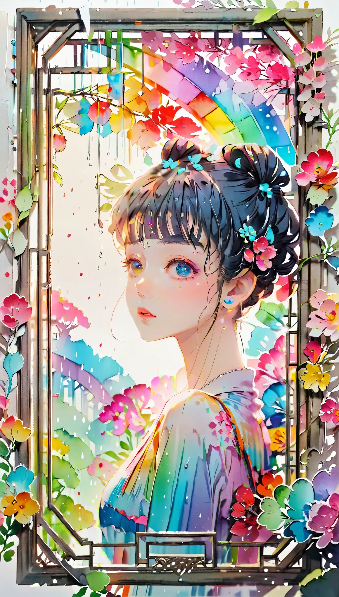 (((paper cutting style))), (frame of illustration is 3D paper cutting: 1.2), (random fashion), (random angle), (random hairstyle), (random hair color), (random hair length), 1 girl, rainbow, rain, unclear