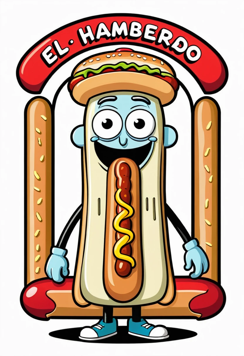 Generate a logo mascot of a Hotdog Man for a restaurant called "El Hambreado" where hotdogs and hamburgers are served. El estilo de dibujo tiene que ser el de la serie "Rick & Morty"