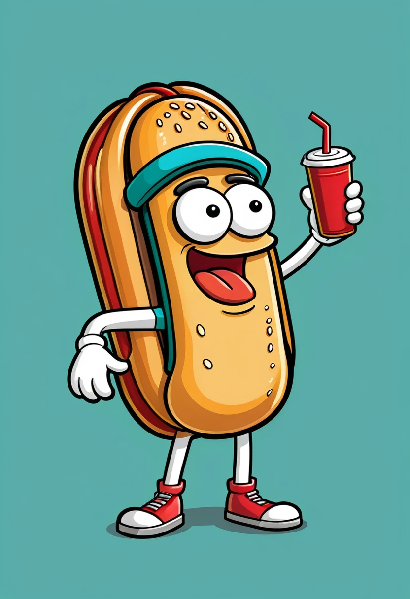 Generate a logo mascot of a Hotdog Man for a restaurant called "El Hambreado" where hotdogs and hamburgers are served. El estilo de dibujo tiene que ser el de la serie "Rick & Morty"
