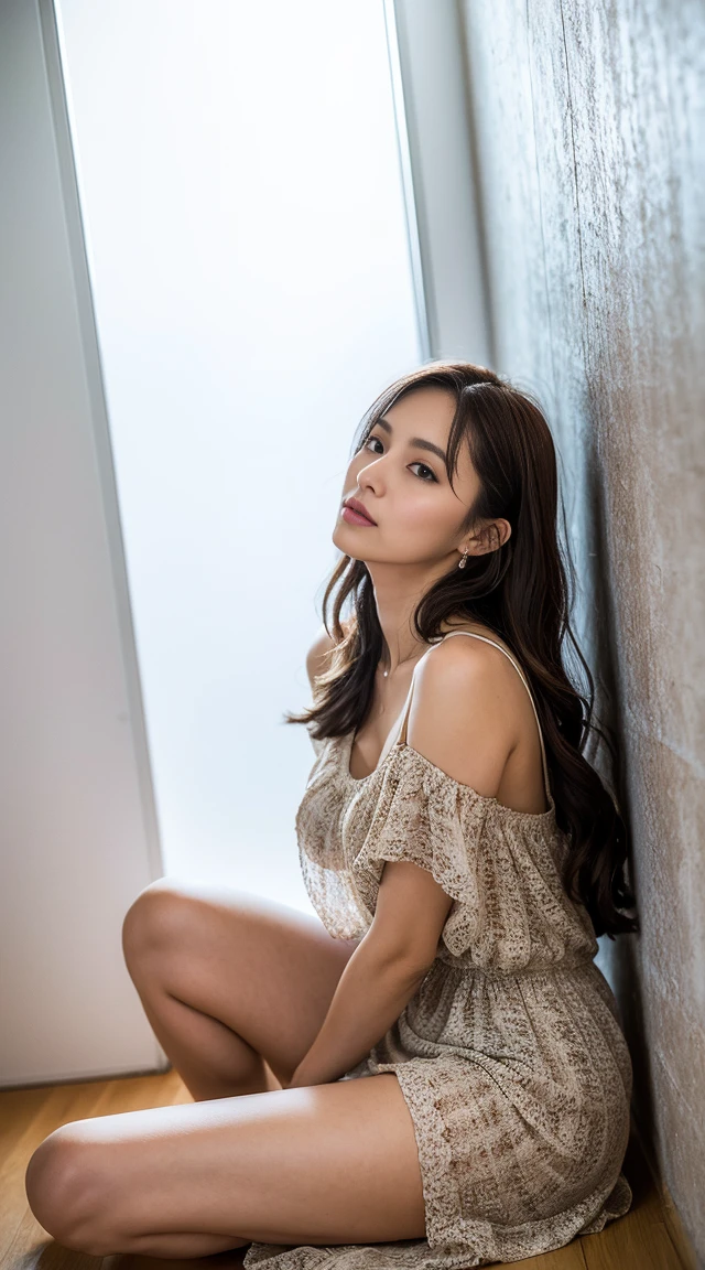 Woman on knees, oval face, crying, sad, distressed, sexy body, brown long hair, (looking at viewer), makeup, fit, erotic body, Cleavage, Cosplay, Tongue out, (best quality,4k,8k,highres,masterpiece:1.2), ultra-detailed, (realistic,photorealistic,photo-realistic:1.37), HDR, UHD, studio lighting, ultra-fine painting, sharp focus, physically-based rendering, extreme detail description, professional, Pastel colors, bokeh, portraits, landscape, horror, anime, sci-fi, photography, concept artists, warm, soft lighting