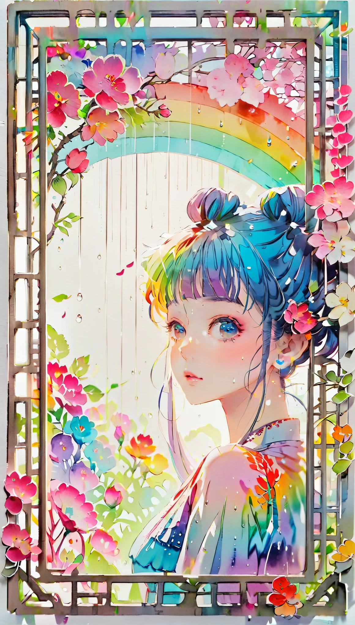 (((paper cutting style))), (frame of illustration is 3D paper cutting: 1.2), (random fashion), (random angle), (random hairstyle), (random hair color), (random hair length), 1 girl, rainbow, rain, unclear