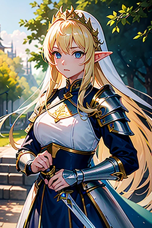 (masterpiece、Highest quality、High resolution、Highest quality、Realistic depiction)Created by Holy Knight Girl(elf、左半身ダークelf)、PRİNCESS、Swordsman、Long blonde、Beautiful iridescent eyes、Light properties、Hold the holy sword and stand in front of you、Swordsman Stance、Holy Knight Equipment(armor)Big Breasts、cape(white)、 A sharp expression、Different world