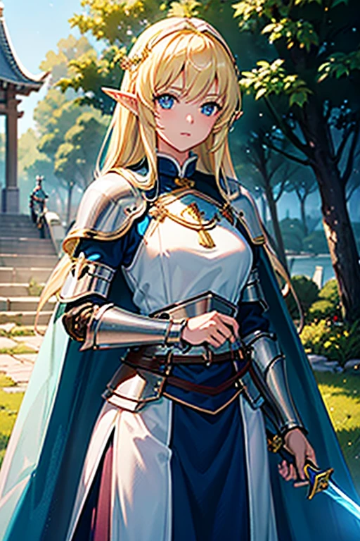 (masterpiece、Highest quality、High resolution、Highest quality、Realistic depiction)Created by Holy Knight Girl(Elf)、princess、Swordsman、Long blonde、Beautiful iridescent eyes、Light properties、Hold the holy sword and stand in front of you、Swordsmanの構え、Holy Knight Equipment(armor)Big Breasts、Cape(white)、 A sharp expression、Different world