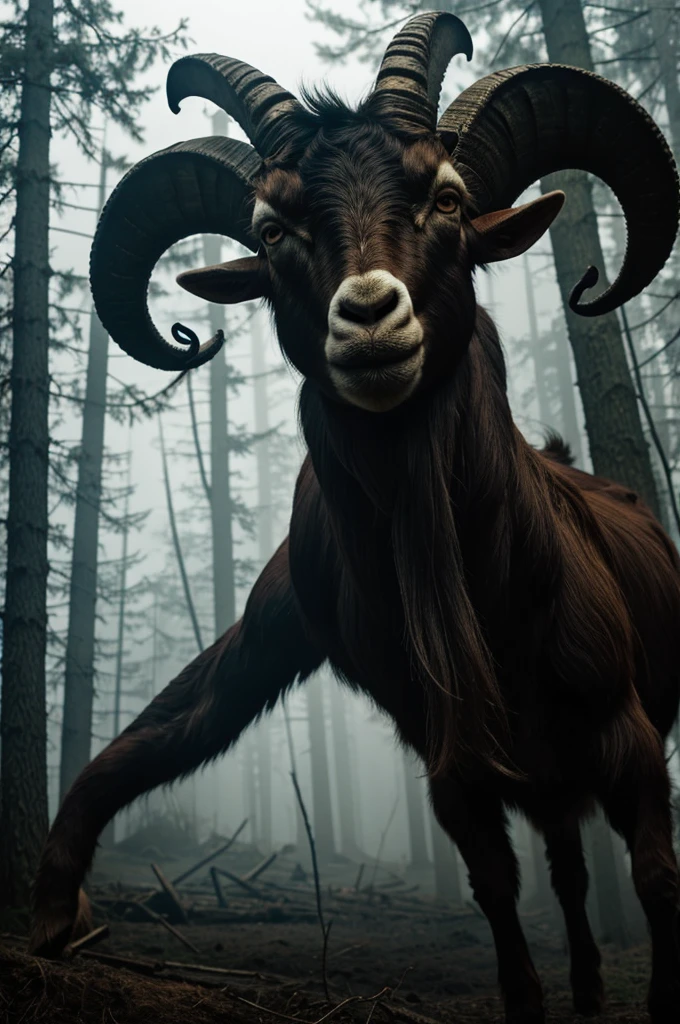 An enormous goat, tentacles, eyes on fire, dirty fur, horror monster,  foggy forest, creepy atmosphere 
