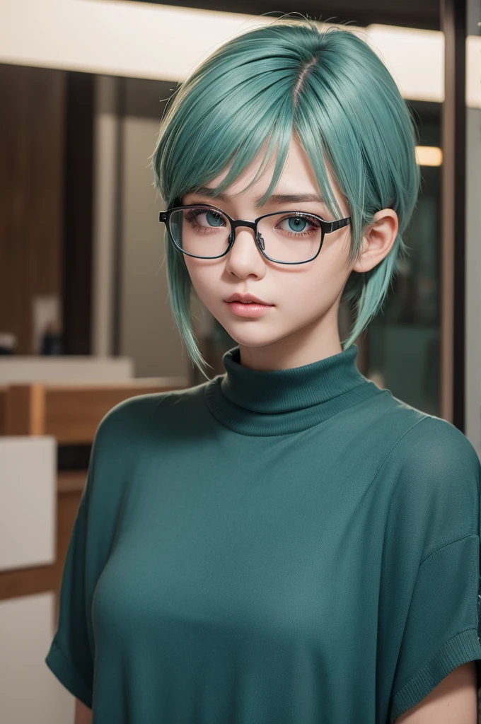 Girl with short blue-green mullet hair and brown eyes with glasses