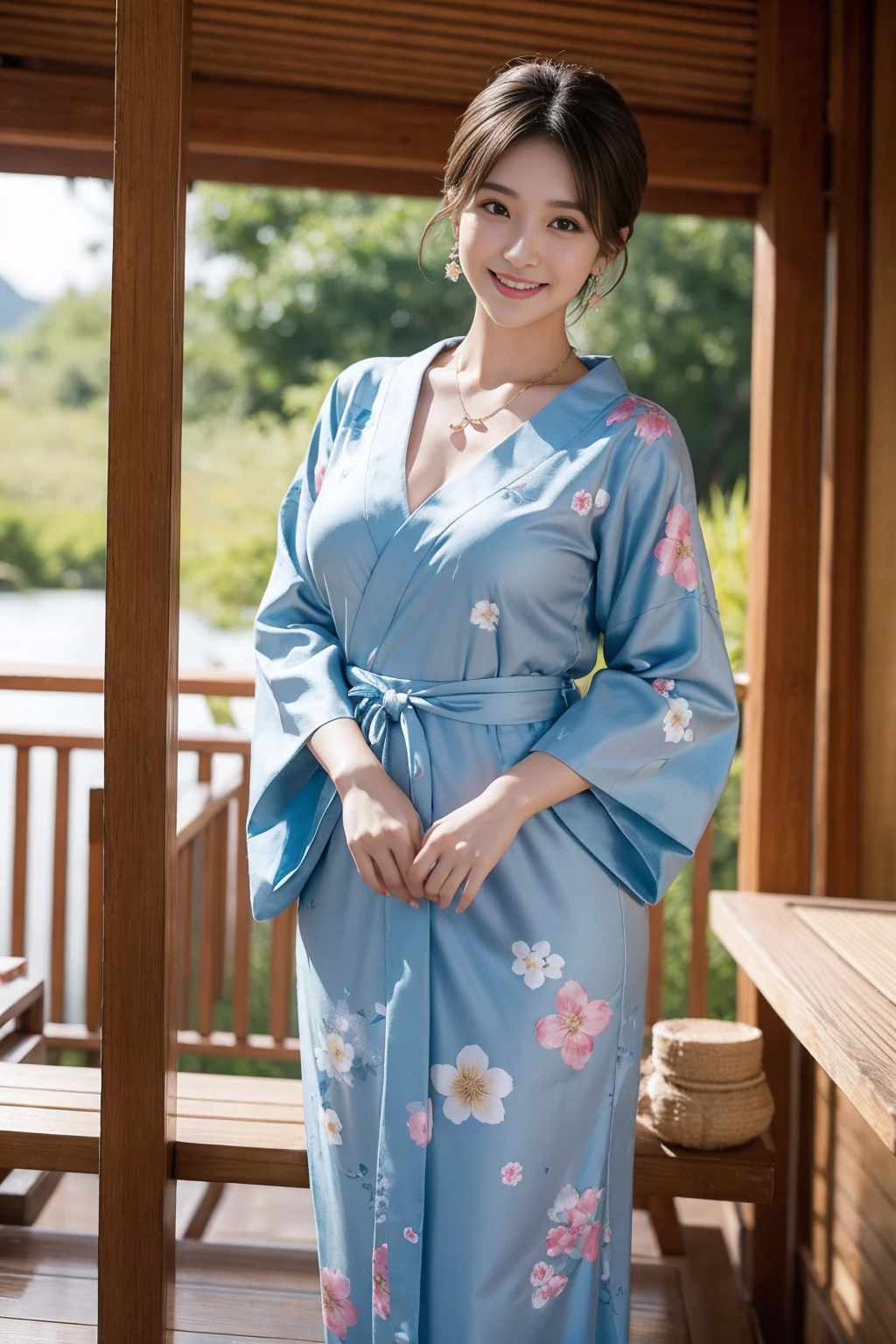 Highest quality,8K, Detailed facial depiction, Detailed description of the eyes,One Woman, Light brown hair(Short Hair),Beautiful Japanese Girl,24-years-old,Cute eyes,Cute Smile,Yukata beauty,Yukata with a dark blue floral pattern,Slender body, Large, plump breast size, Long and beautiful legs,Smiling, Colorful earrings,necklace,Are standing,Beautiful nape,Summer festival