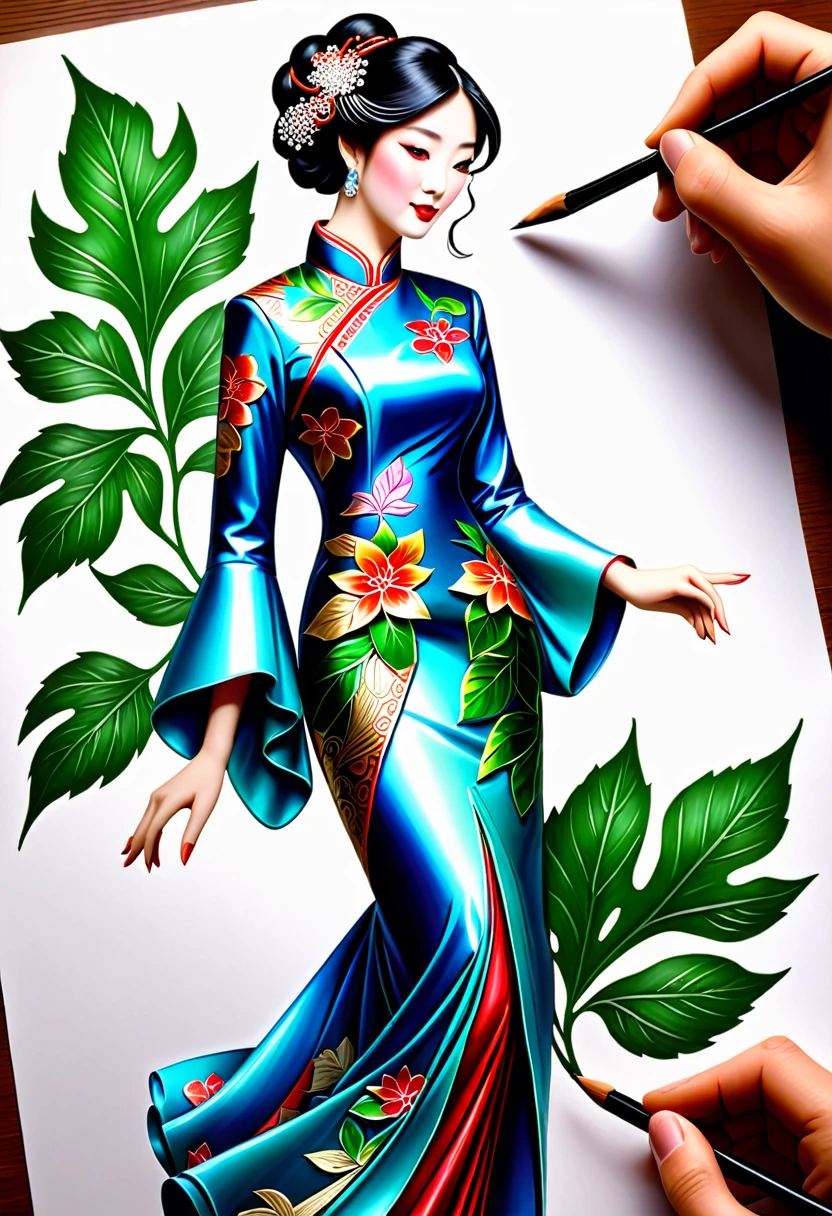 Dessiner une figurine 4D de style encre uhd époustouflante et à couper le souffle, portant une sublime Cheongsam droite très détaillée, effet holographique qui semble sortir de la feuille de dessin, dessin extrêmement détaillé, hyperréaliste, Des détails sublimes. Un travail vraiment remarquable, travail joyeux et sensuel, (feuille pliée par étapes ), 