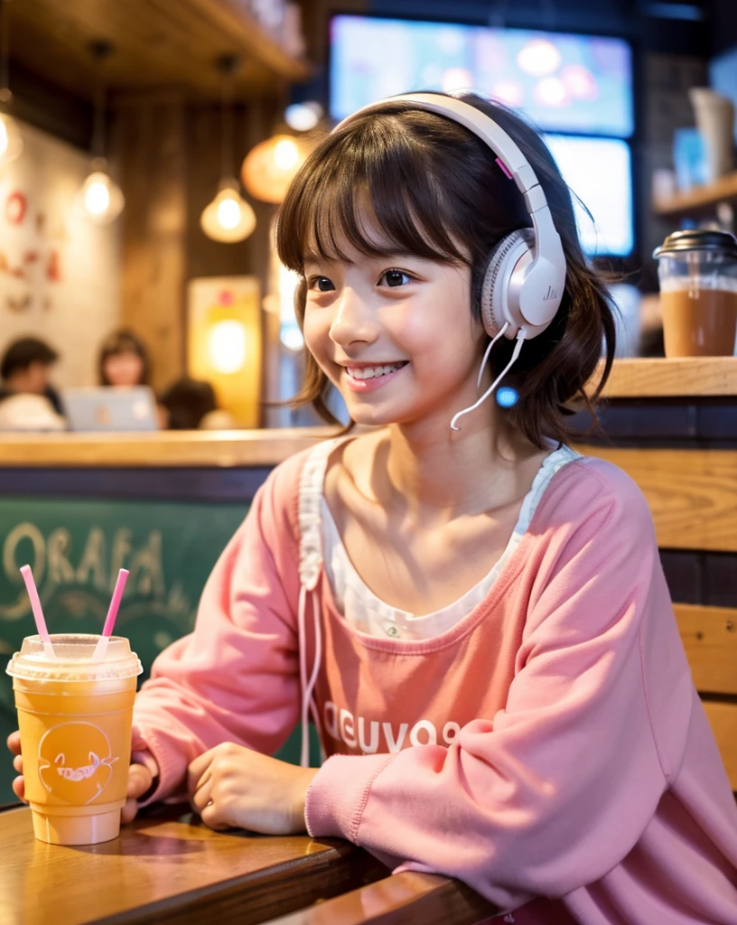  Looking at this, smile, Ultra HD、128ｋ、Masterpiece、 studying in a coffee shop while listening to music on headphones、orange juice, clavicle, RAW Photo、Cute girl in pink clothes、Hands on headphones, Warm lighting、Beautiful night view、Japanese anime style, Smile