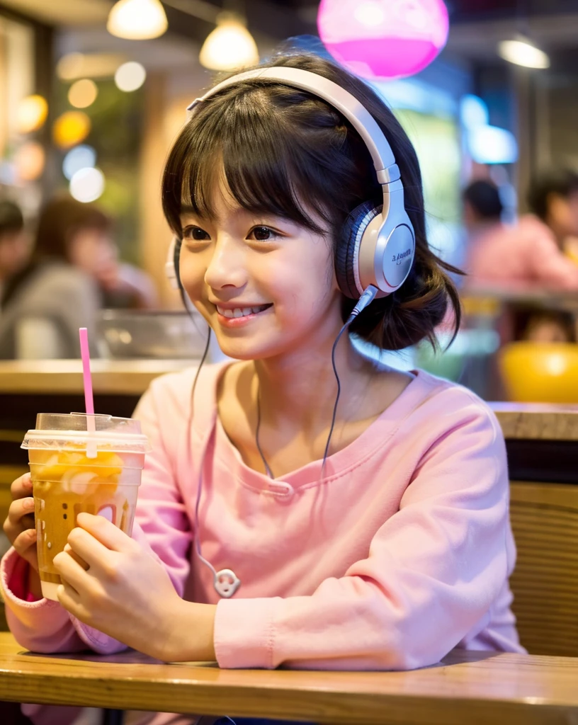 Looking straight ahead and smiling, Ultra HD、128k、Masterpiece、Cute little kindergarten girl studying in a coffee shop while listening to music on headphones、orange juice, clavicle, RAW Photo、Cute big-eyed girl in pink clothes with white collar、Hands on headphones, Warm lighting、Beautiful night view、Japanese anime style, Smile