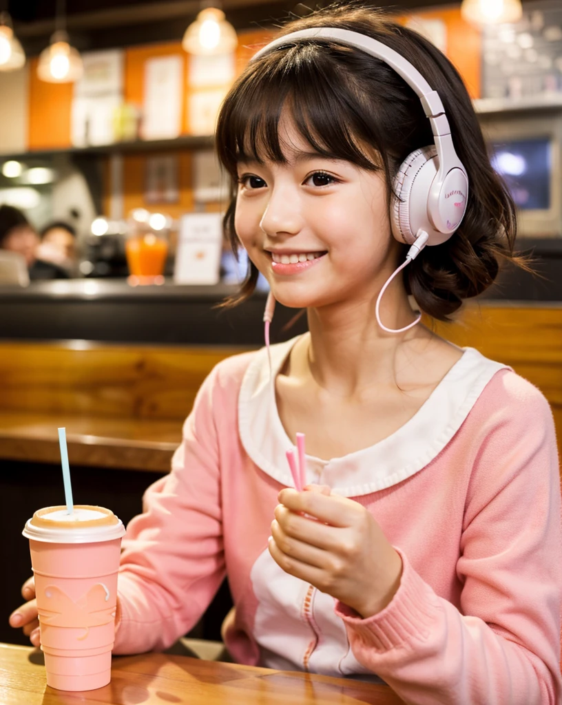 Looking at this, smile, Ultra HD、128k、Masterpiece、Cute little kindergarten girl studying in a coffee shop while listening to music on headphones、orange juice, clavicle, RAW Photo、Cute girl in pink clothes、Hands on headphones, Warm lighting、Beautiful night view、Japanese anime style, Smile