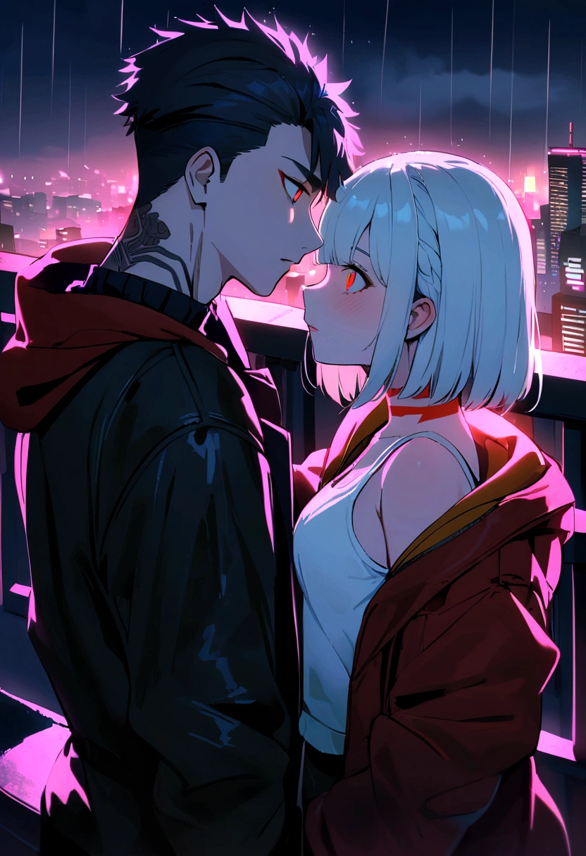 (Best Quality), (Cyberpunk), 4K, 1boyfriend, 1girlfriend, boy:18 years old, girl:19 years old, girl:Straight white hair and red eyes, boy:Short black hair and red eyes, Tattoo in Body and neck, girl:Wear a White Tank top, boy:Wear a black and red jacket, on the rooftop, night, Rain, foggy, neon light, city, They're Face to face, They Falling in love. 