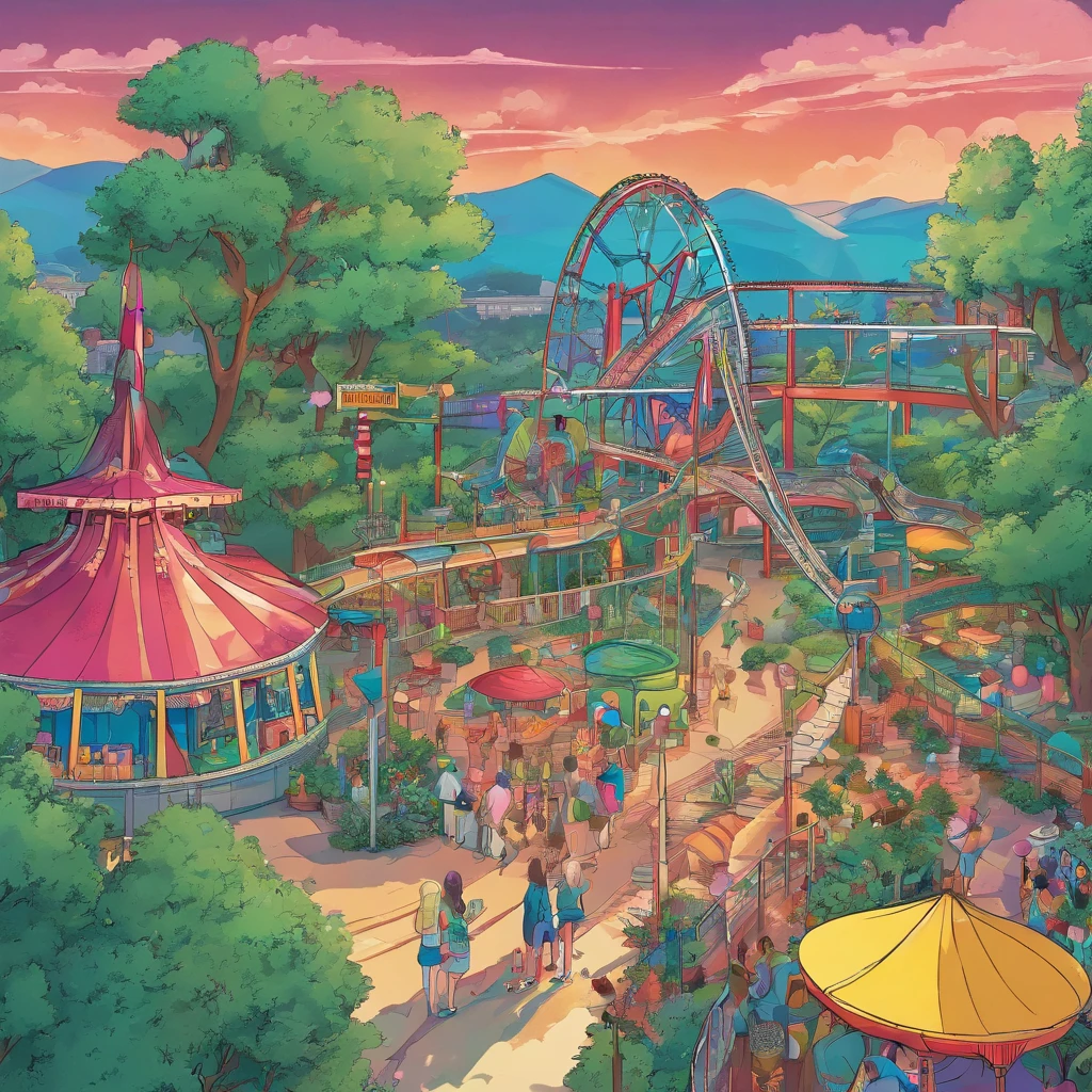 Anime style, Amusement park, Ferris weel, roller coaster ride,
Trees and plants, aesthetic vivid view,