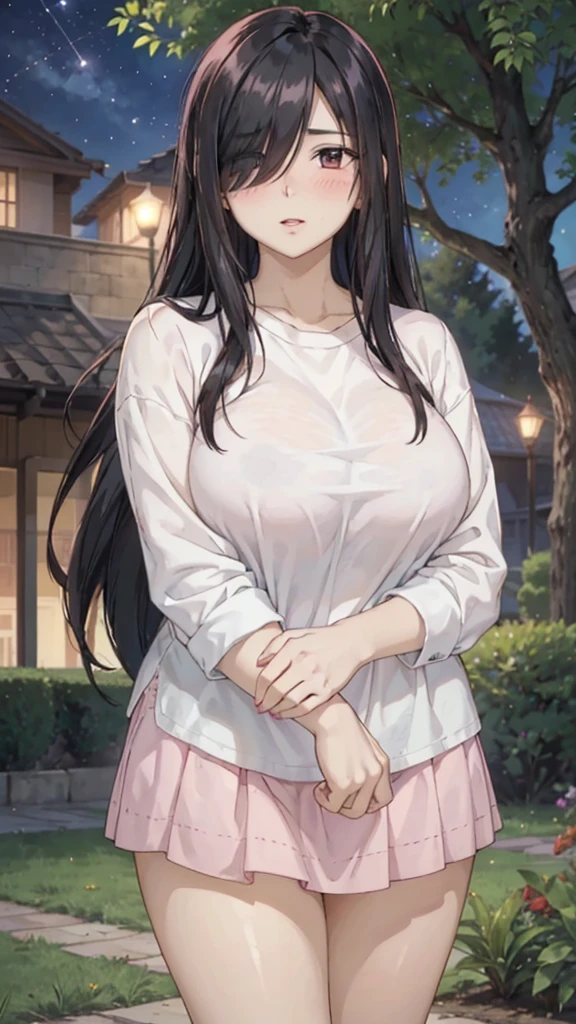 Cute mommy, mature women, realistic skin,perfect ,black hair, long hair, (hair over one eye:1.4), messy hair, hair between eyes, oversize shirt,pink mini skirt, chubby,plump,fat,pucker lips,cute shy blush on,garden, under tree,night