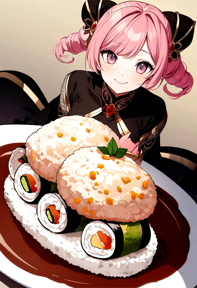 (((Luxurious golden most expensive sushi with rice and sauce))), Fried rice with shrimp, wine, photograph,((masterpiece))、(((Highest quality)))、((Super detailed))、 {Detailed and beautiful eyes}, finely,  Detailed and beautiful eyes,1 Girl, (alone:1.5),  (Hair Ribbon:0.4), Pink Eyes,Cinematic Angles,perspective,(((White bun hair))),(((Long pink hair))),smile、