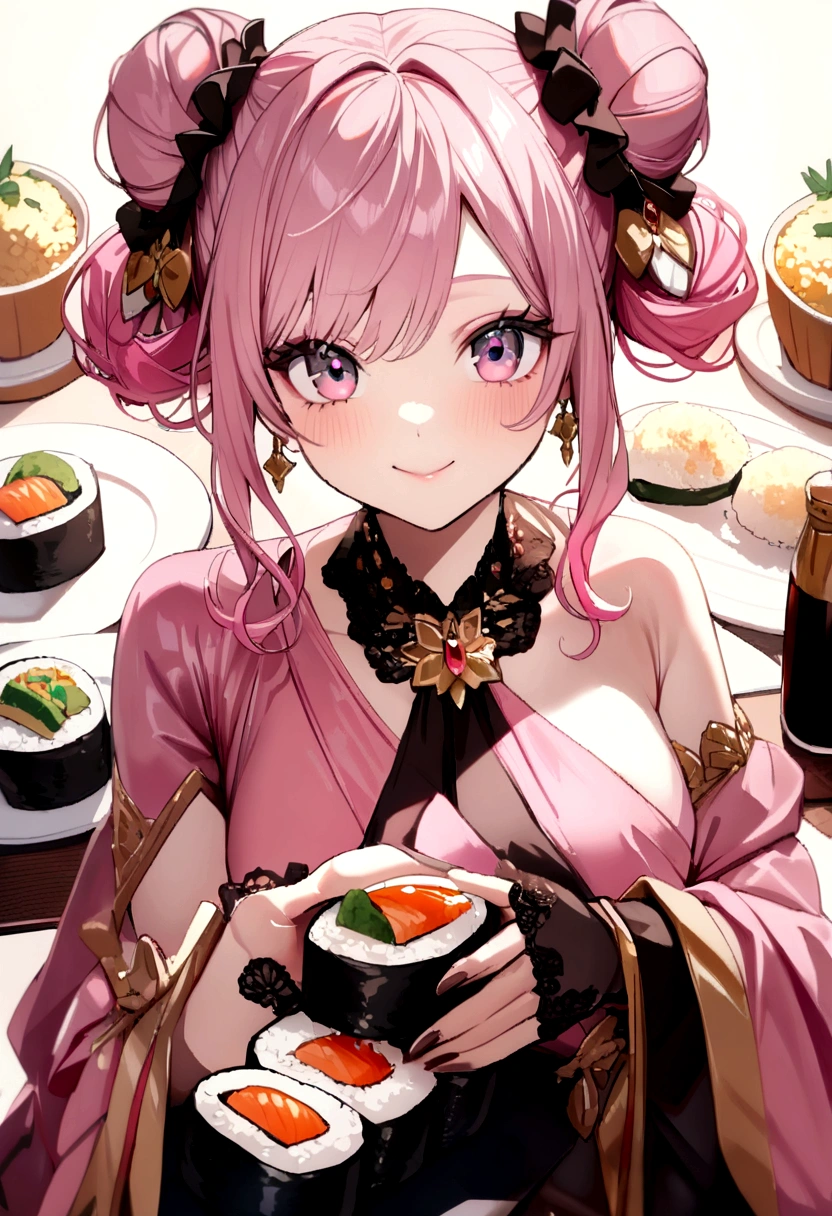 (((Luxurious golden most expensive sushi with rice and sauce))), Fried rice with shrimp, wine, photograph,((masterpiece))、(((Highest quality)))、((Super detailed))、 {Detailed and beautiful eyes}, finely,  Detailed and beautiful eyes,1 Girl, (alone:1.5),  (Hair Ribbon:0.4), Pink Eyes,Cinematic Angles,perspective,(((White bun hair))),(((Long pink hair))),smile、