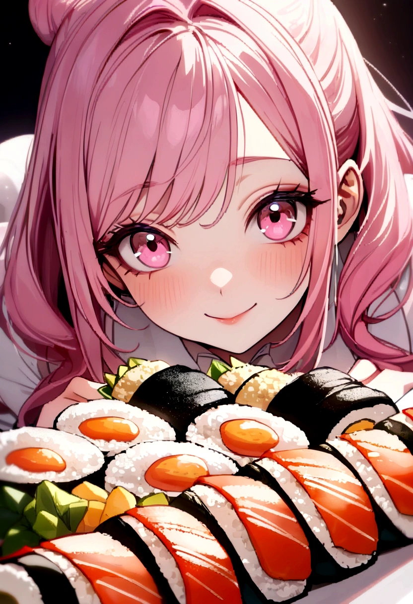 (((Luxurious golden most expensive sushi with rice and sauce))), Fried rice with shrimp, wine, photograph,((masterpiece))、(((Highest quality)))、((Super detailed))、 {Detailed and beautiful eyes}, finely,  Detailed and beautiful eyes,1 Girl, (alone:1.5),  (Hair Ribbon:0.4), Pink Eyes,Cinematic Angles,perspective,(((White bun hair))),(((Long pink hair))),smile、