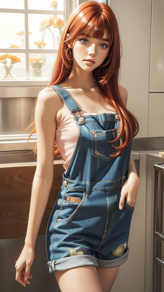 (masutepiece), Best Quality, Ultra-detailed,girl with,White Business Shirt、Dark blue apron、Cute overalls、store clerk、bionde、small nose、Serving coffee to the audience、((blurry backround:1.5))、Quaint coffee shop、In the dimly lit chamber、Warm lighting