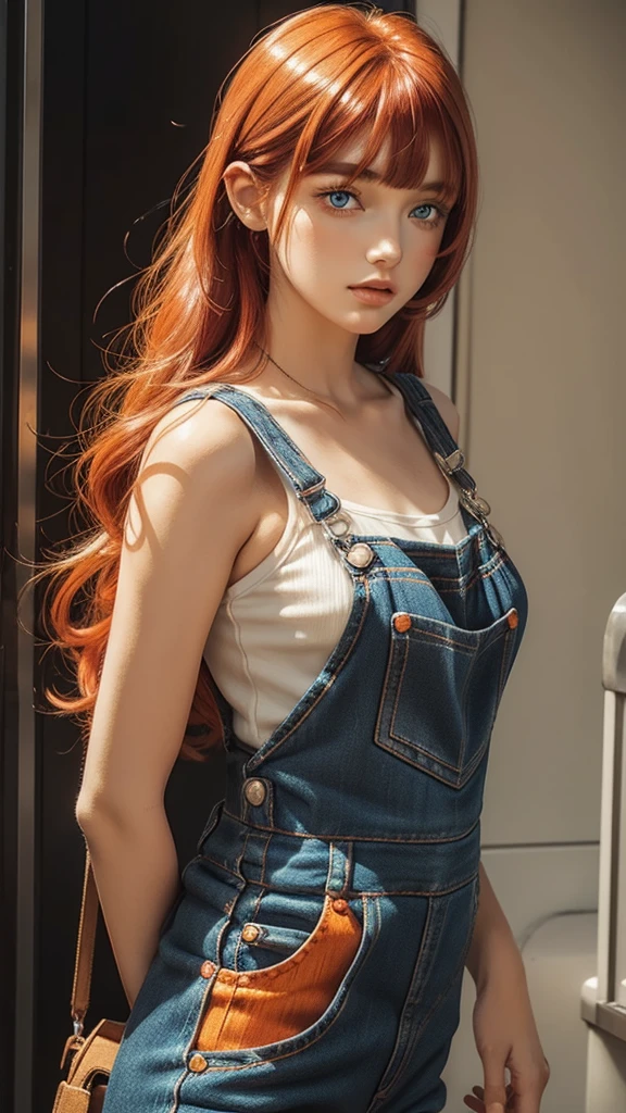 ((anime)), ((Very detailed)), a pirate girl, long hair redhead ((tipo one piece)), low-cut black T-shirt, jeans and boots
