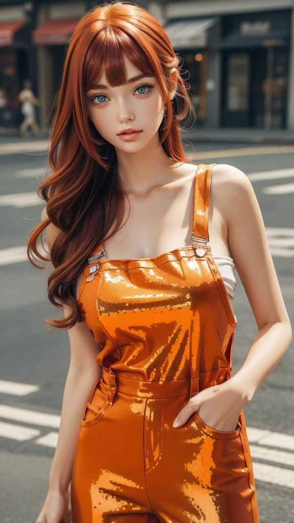 girl wearing a orange sundress, tight, simple anime style
Woman. Flower drawing on sequin overalls. Glossy white lips with sequins. Blunt bangs, red hair, long hair, blue eyes, solo,