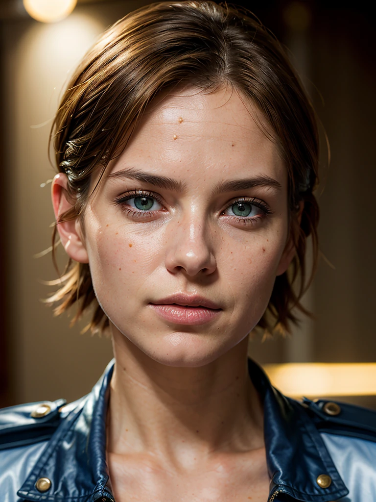 (best quality, masterpiece, highest detailed), (photorealistic:1.2), (detailed light:1.2), (Realistic skin texture:1.4), raw photo, cowboy shoot, horror style, professional portrait, Jill Valentine, police uniform