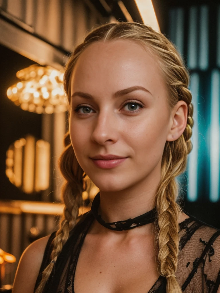 solo, realistic, photorealistic, natural lighting, (large forehead, (((Latvian woman))), (((Latvian nose))), (((Latvian eyes))), (((blonde))), (((braids))), (((Latvian face))), (((Latvian lips))), (((Latvian body))), (((fair complexion))) pose: standing, smiling, wearingMesh Overlay Dress, cleavage, background: Tucked away in the heart of the city's vibrant nightlife district, the Intimate Club Gig offers an exclusive experience for music aficionados craving a more personal connection with their favorite artists. The venue is a cozy, dimly lit space adorned with vintage concert posters and graffiti-tagged walls, creating an edgy yet inviting ambiance. Fans pack tightly around a small stage, inches away from musicians who sweat and pour their hearts into each song. The atmosphere is intimate and charged with raw energy as attendees immerse themselves in the raw, unfiltered sound of live music in its purest form.