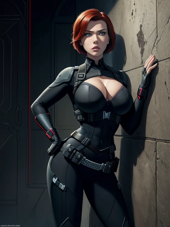 Scarlett Johansson as Black Widow, ((Masterpiece)); ((Natural Beauty)); ((Ultrarealistic green eyes)); both eyes are similar; ((Ultrarealistic fair white skin)); ((Ultrarealistic round boobs)); Deep Cleavage; ((Ultrarealistic red short classic bob haircut hairstyle)); ((Ultrarealistic round Asscheeks)); ((Ultrarealistic widow bite black gloves)); ((Ultrarealistic black widow utility belt)); black and red tactical vest; Bright Red stripe accents on the side of the suit; Short sleeve; looking at the viewer;  
Leaning Against a Wall: Black Widow stands casually leaning against a wall with one foot propped up against it. Her arms are crossed over her chest, and her short hair falls slightly over her eyes. She has a relaxed but vigilant expression, ready to spring into action if needed.