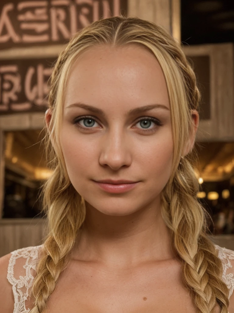 solo, realistic, photorealistic, natural lighting, (large forehead, (((Latvian woman))), (((Latvian nose))), (((Latvian eyes))), (((blonde))), (((braids))), (((Latvian face))), (((Latvian lips))), (((Latvian body))), (((fair complexion))) pose: standing, smiling, wearingMesh Overlay Dress, cleavage, background: Tucked away in the heart of the city's vibrant nightlife district, the Intimate Club Gig offers an exclusive experience for music aficionados craving a more personal connection with their favorite artists. The venue is a cozy, dimly lit space adorned with vintage concert posters and graffiti-tagged walls, creating an edgy yet inviting ambiance. Fans pack tightly around a small stage, inches away from musicians who sweat and pour their hearts into each song. The atmosphere is intimate and charged with raw energy as attendees immerse themselves in the raw, unfiltered sound of live music in its purest form.