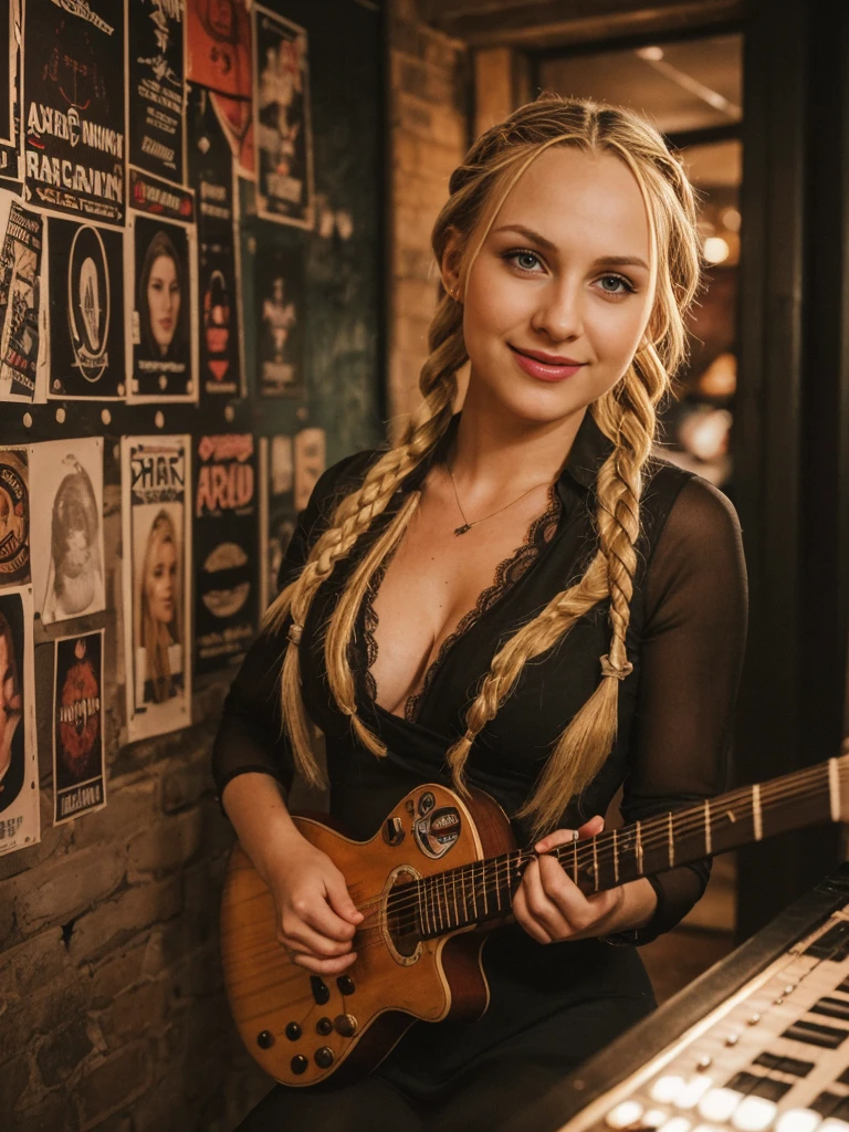 solo, realistic, photorealistic, natural lighting, (large forehead, (((Latvian woman))), (((Latvian nose))), (((Latvian eyes))), (((blonde))), (((braids))), (((Latvian face))), (((Latvian lips))), (((Latvian body))), (((fair complexion))) pose: standing, smiling, wearing Corset-Style Dress , cleavage, , background:Rock out at this gritty dive bar adorned with band posters, graffiti art, and vintage guitars hanging from the ceiling. The jukebox blasts classic rock anthems while local bands perform live sets. Guests can enjoy craft beers, whiskey shots, and hearty bar snacks in a lively, rebellious atmosphere.