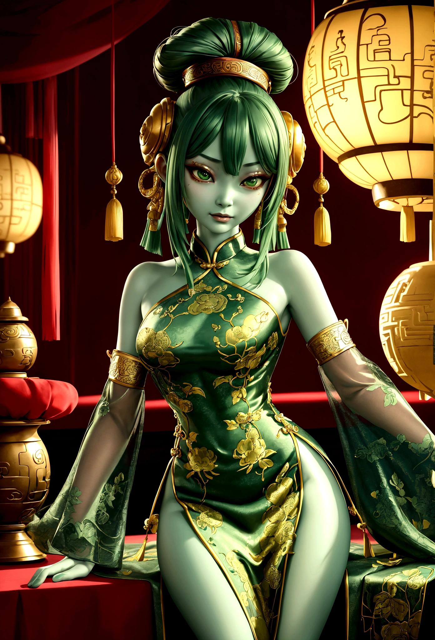 an alien creature,intricate cheongsam dress,asian royal room,green skin,barely humanoid,extremely detailed,photorealistic,ultra-detailed,masterpiece,8k,award winning art,dramatic lighting,ornate decor,ancient artifacts,opulent furnishings,silk embroidery,traditional chinese architecture