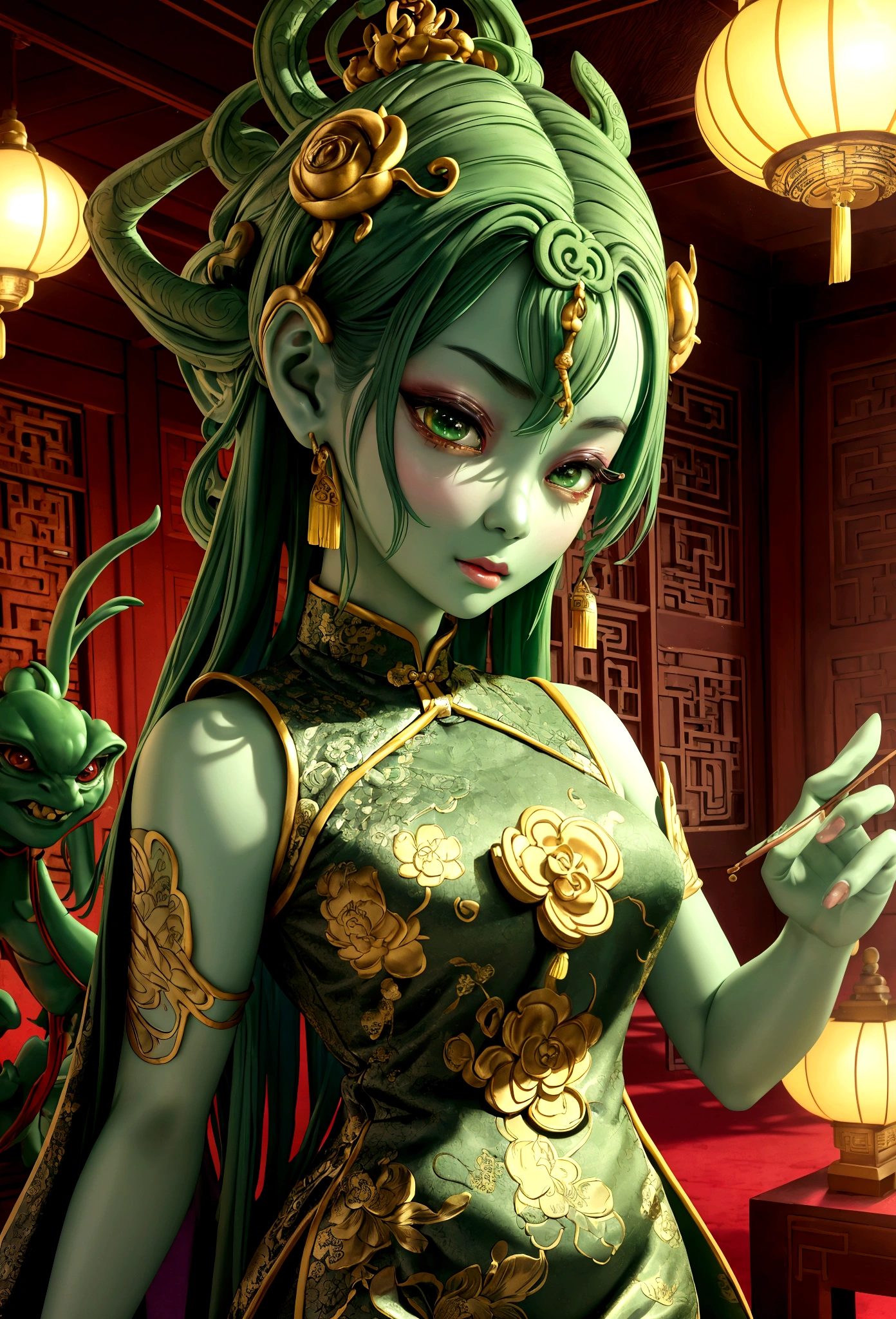 an alien creature,intricate cheongsam dress,asian royal room,green skin,barely humanoid,extremely detailed,photorealistic,ultra-detailed,masterpiece,8k,award winning art,dramatic lighting,ornate decor,ancient artifacts,opulent furnishings,silk embroidery,traditional chinese architecture