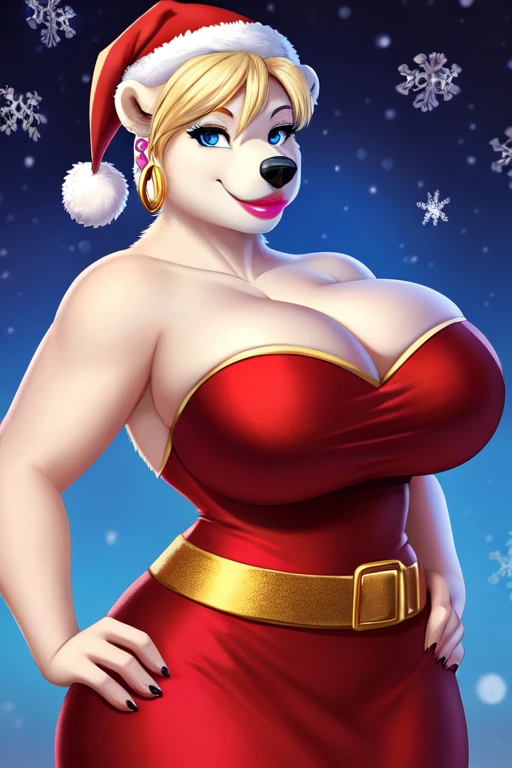 Blonde polar bear woman, wearing a backless Santa dress, perfect face, blue eyes, big breasts, cleavage, three-quarter view, solo, smile, perfect detailed body, pink lipstick, hand on hips, gold earring,