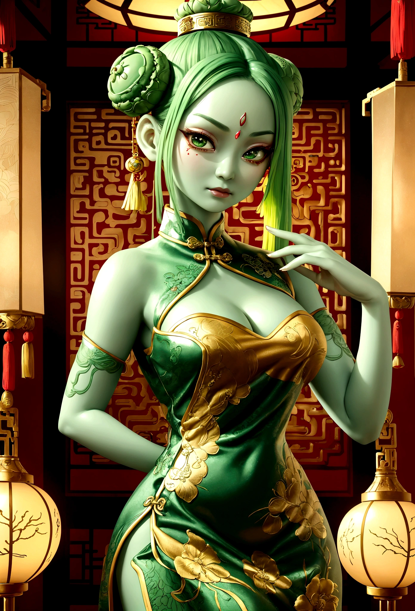 an alien creature,intricate cheongsam dress,asian royal room,green skin,barely humanoid,extremely detailed,photorealistic,ultra-detailed,masterpiece,8k,award winning art,dramatic lighting,ornate decor,ancient artifacts,opulent furnishings,silk embroidery,traditional chinese architecture