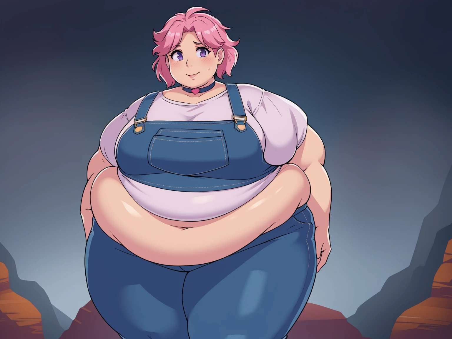 (Looking at viewer:1.2), (black pupils)Mouth open, parted lip s, mouth wide open, sticking out tongue, exposed belly, slutt (Pale skin:1.0)Up close, Holding belly, hands on belly, outgro wn clothes,Pale skin,fat, farm backround, upper body, lookin g at viewer, 1girl, solo, short pink hair, (dark blue choker), (d ark blue denim overalls), (purple eyes), (pink boots), (white s houlder lantern sleeve blouse, tucked in pants, Round face, d ouble chin, fat chin, fat cheeks, fat neck, round face, SSBB W, flabby arms, round face, double chin, fat double chin, big double chin, fat neck, chubby cheeks, fat thighs, fat calves, morbidly obese, flabby, giant, large belly, obese, fat face, b elly, double chin, obesity, flabby breasts, fat arms and legs, f at everything,