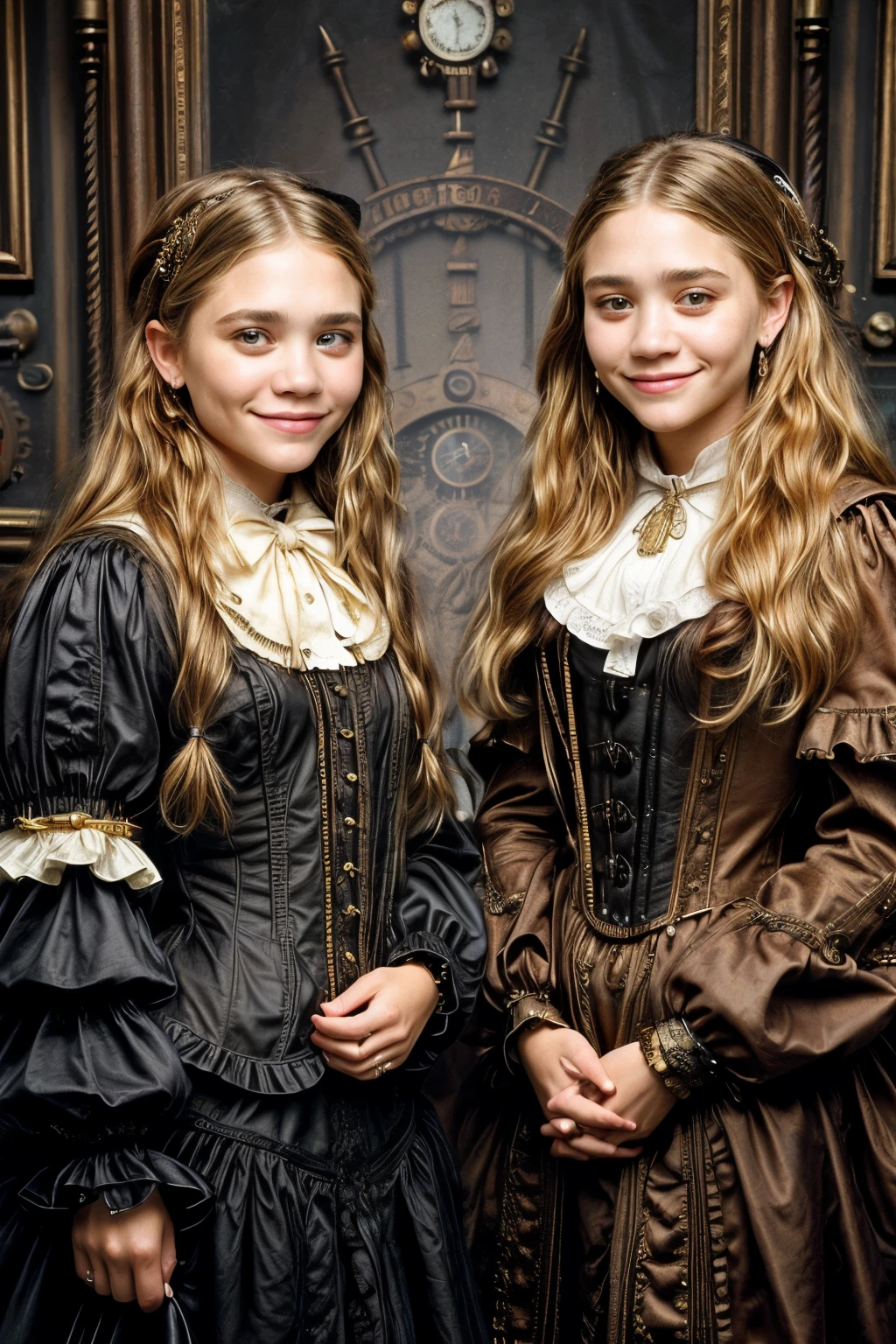 two girls, (Virginia Otis, 15 years old (blond hair, blue eyes)) pose with (16 years old Georgie Gerald (blond hair, green eyes)). Victorian style. thin, cute face, walks at night in Canterville Castle (inspired by the novel The Canterville Ghost). aged 1887, Victorian fantasy