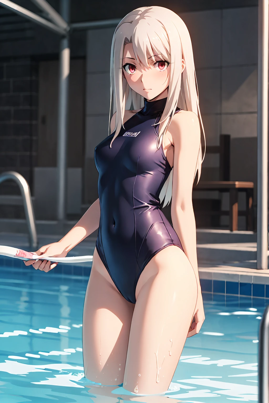 NSFW , (Highest quality:1.5, High resolution, 4K, Detailed lighting, Shaders), Illyasviel von Einzbern alone, Cowboy Shot,Long Hair, Gray Hair, Red eyes, ((Swimsuit))++ M-shaped foot Sexy Looks Seductive gestures atmosphere Super blushing Realistic beautiful swimming pool