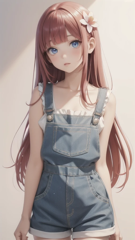 girl wearing a Pink sundress, tight, simple anime style Woman. Flower drawing on sequin overalls. Glossy white lips with sequins. Blunt bangs, red hair, long hair, blue eyes, solo,