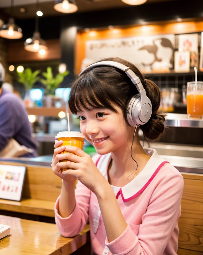 Looking at this, smile, Ultra HD、128k、Masterpiece、Cute little kindergarten girl studying in a coffee shop while listening to music on headphones、orange juice, clavicle, RAW Photo、Cute girl in pink clothes with white collar、Hands on headphones, Warm lighting、Beautiful night view、Japanese anime style, Smile