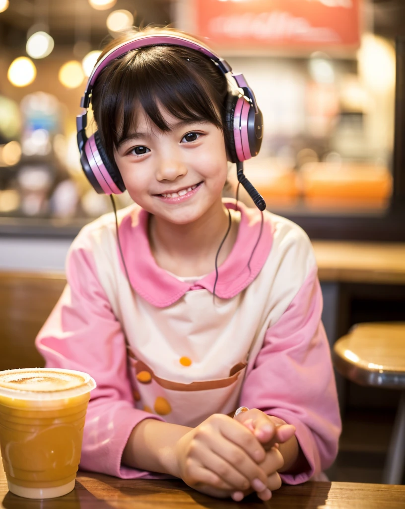  Looking at this, smile, Ultra HD、128ｋ、Masterpiece、Cute little kindergarten girl studying in a coffee shop while listening to music on headphones、orange juice, clavicle, RAW Photo、Cute girl in pink clothes with white collar、Hands on headphones, Warm lighting、Beautiful night view、Japanese anime style, Smile