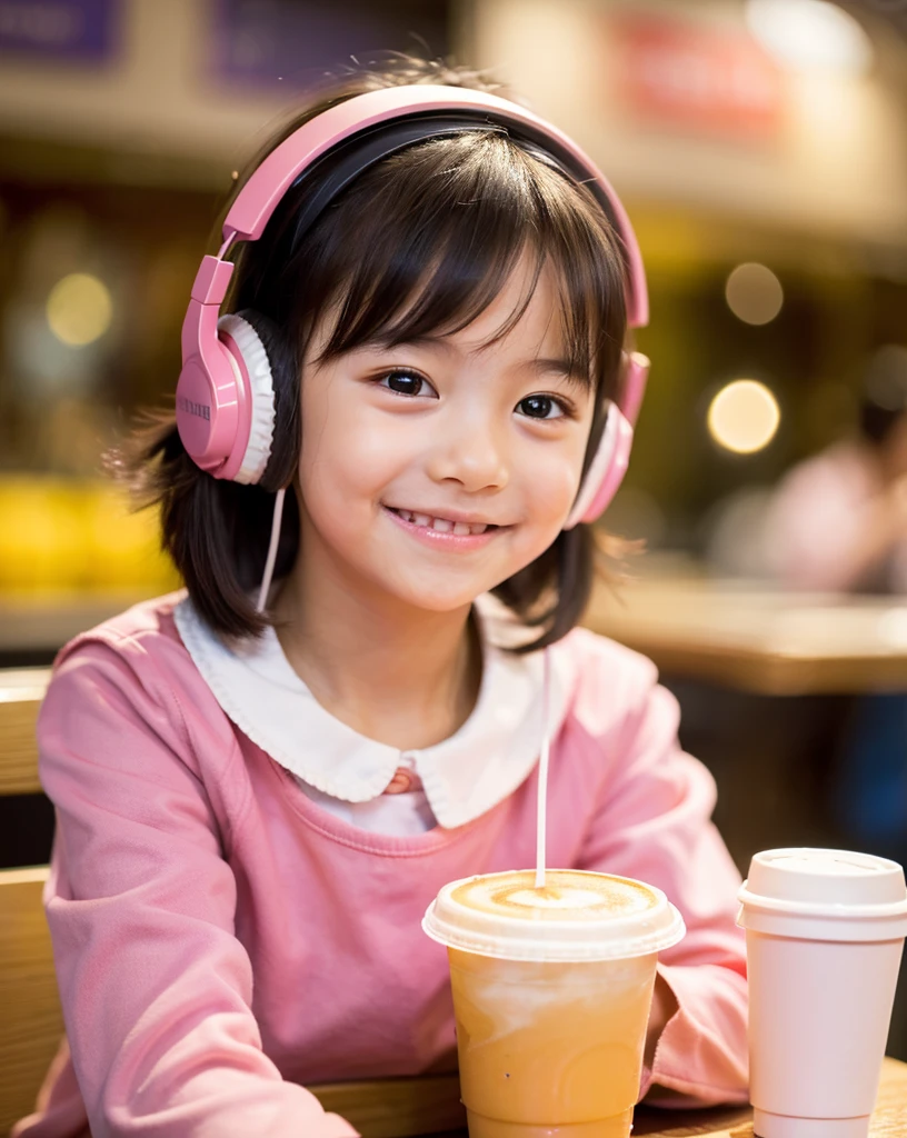  Looking at this, smile, Ultra HD、128ｋ、Masterpiece、Cute little kindergarten girl studying in a coffee shop while listening to music on headphones、orange juice, clavicle, RAW Photo、Cute girl in pink clothes with white collar、Hands on headphones, Warm lighting、Beautiful night view、Japanese anime style, Smile