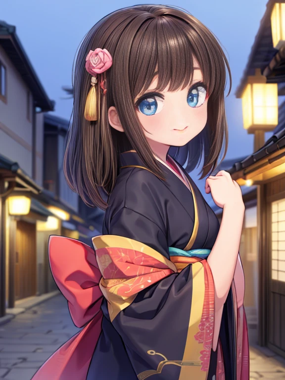 (masterpiece:1.2) , (best quality:1.2) , (ultra-detailed:1.2), 2.5D,extremely detailed, girl,masterpiece, best quality, extremely detailed, anime,dark brown hair,medium hair, hairpin,BREAK,blue eyes,BREAK,Historic Japanese townscape,kimono,smile,