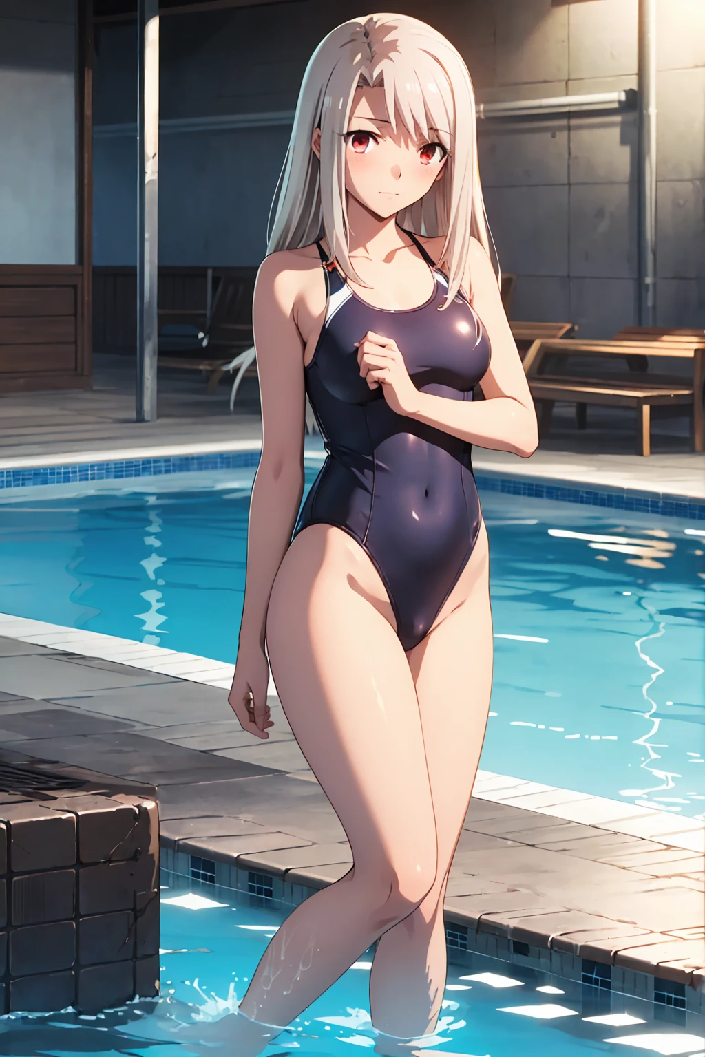 NSFW , (Highest quality:1.5, High resolution, 4K, Detailed lighting, Shaders), Illyasviel von Einzbern　alone, Cowboy Shot,Long Hair, Gray Hair, Red eyes, ((Swimsuit))＋＋　M-shaped foot　Sexy Looks　Seductive gestures　atmosphere　　Super blushing　Realistic beautiful swimming pool